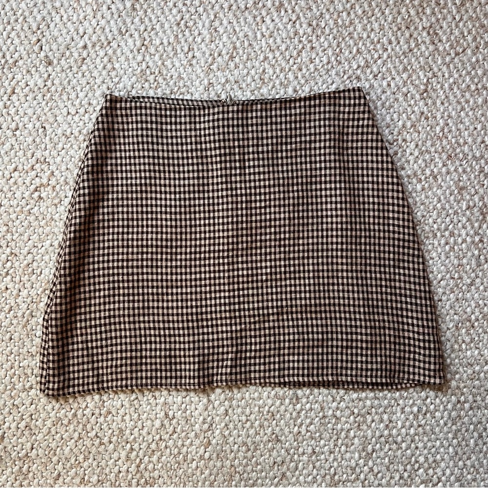 Reformation Linen Checkered Brown Skirt
